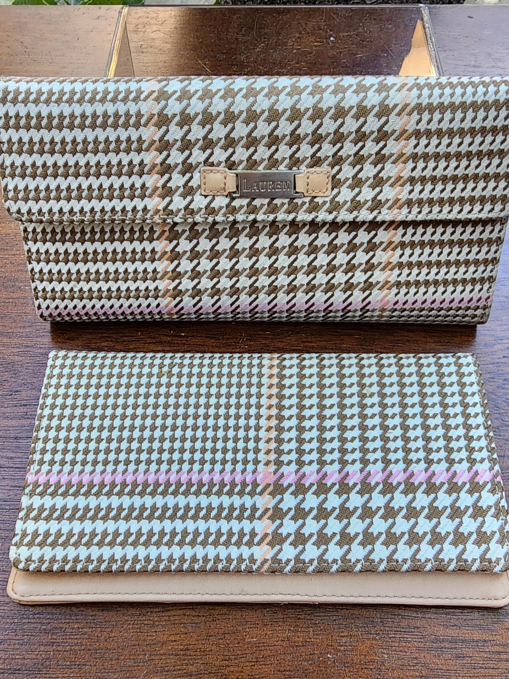 LAUREN Ralph Lauren Houndstooth Plaid Wallet & Checkbook Cover Set Brown Pink